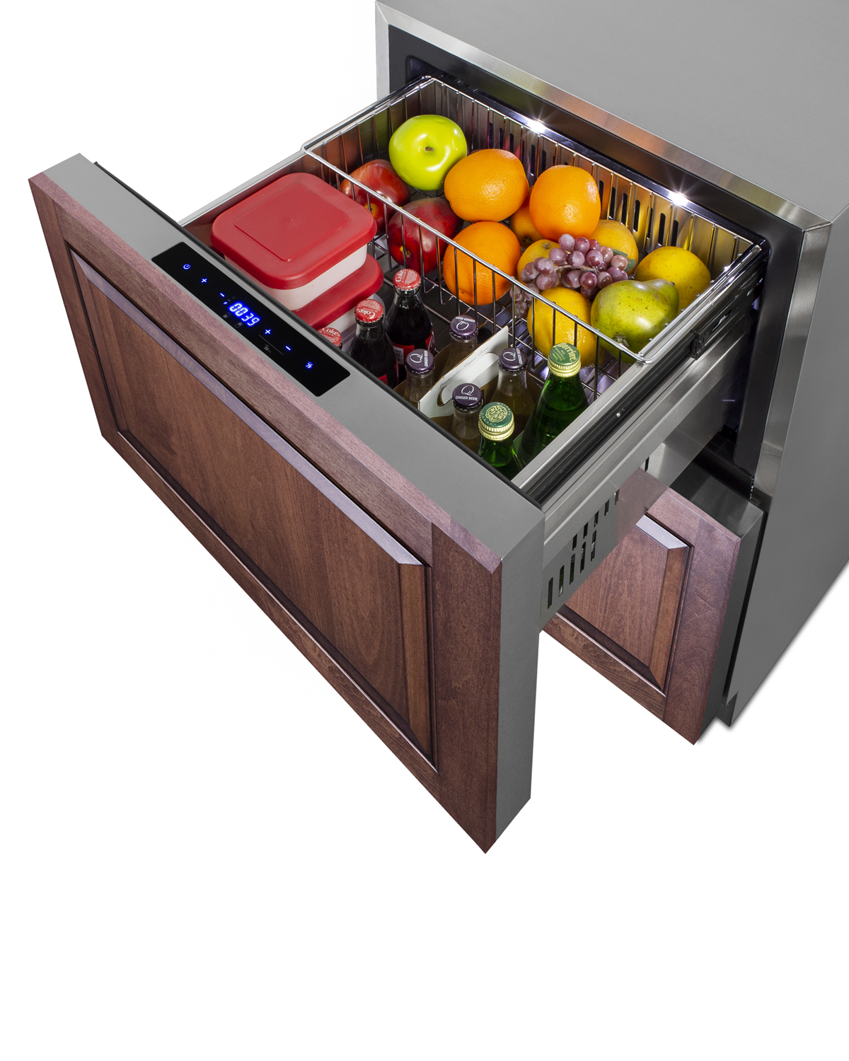 Two-drawer refrigerator-freezer for built-in or freestanding use, with digital thermostat, frost-free operation, panel-ready drawer fronts, and complete stainless steel construction